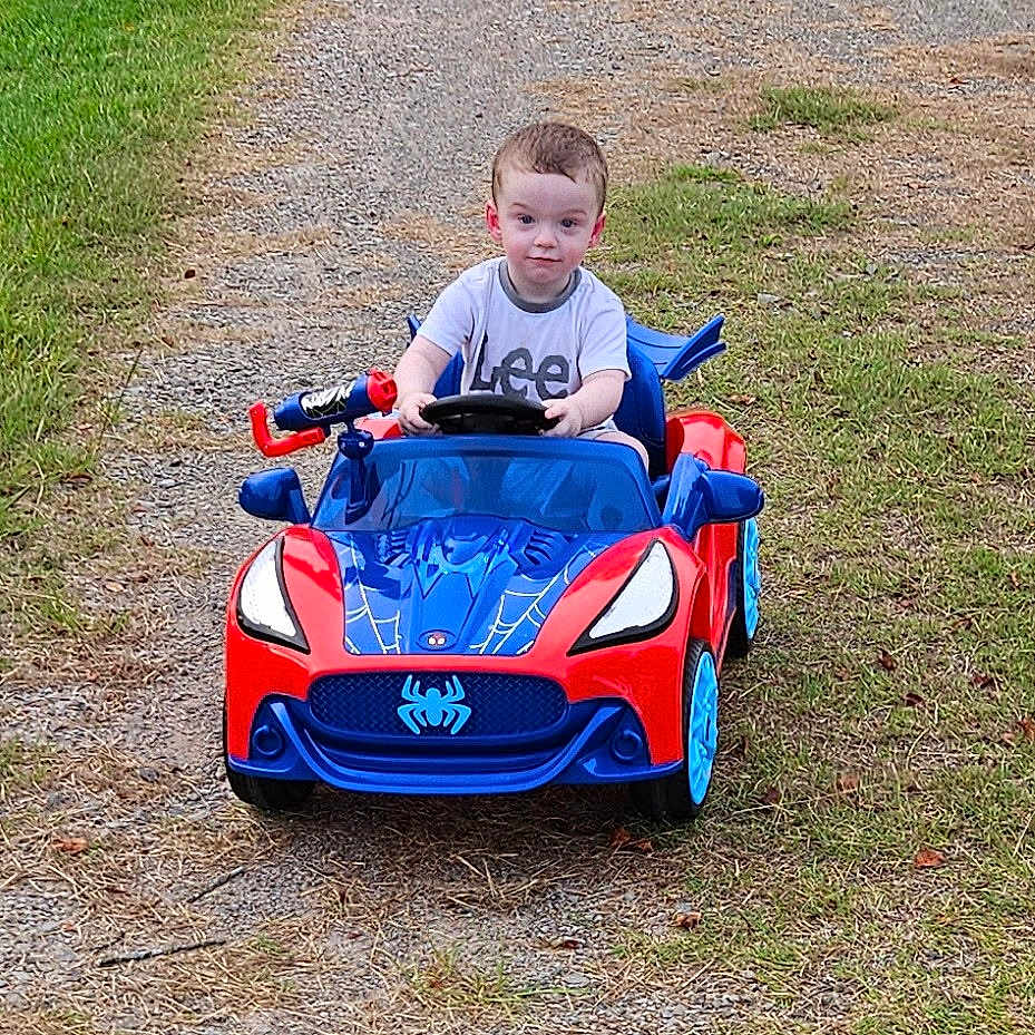 Landyn Scott is registered to the contest to win money with this photo: blue_car, casual_clothing, child, daylight, driving, fun, grass, gravel_path, lee_tshirt, nature, outdoor, person, playing, red_car, short_hair, smiling, toddler, toy_car, vehicle, young_child