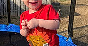 Landyn Scott joined the competition — help win amazing prizes! backyard, barefoot, child, cute, face, fence, grass, happy, outdoor, play, portrait, red_tshirt, safety_net, shorts, smiling, sunlight, toddler, trampoline, trees, young_child