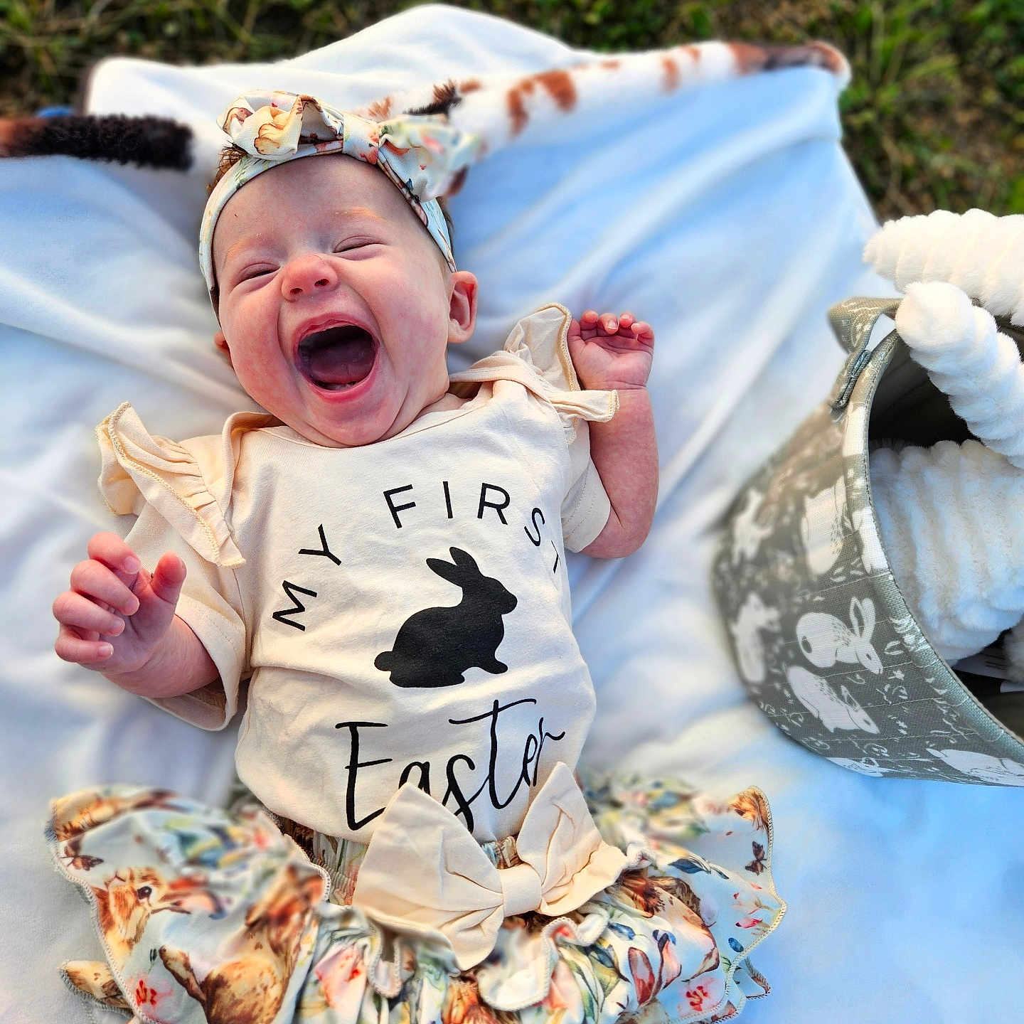 Alaina joined the competition — help win amazing prizes! baby, infant, laughing, headband, skirt, blanket, easter, bunny, basket, outdoor, grass, cute, clothing, smiling, child, celebration, happy, portrait, holiday, toddler