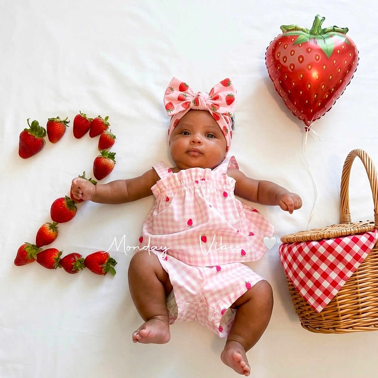 Layla joined the competition — help win amazing prizes! baby, infant, strawberry, balloon, picnic_basket, pink_clothing, headband, number_two, fruit, lying_down, white_background, cute, celebration, child, outdoor_theme, summer, food, red, checkered_pattern, portrait