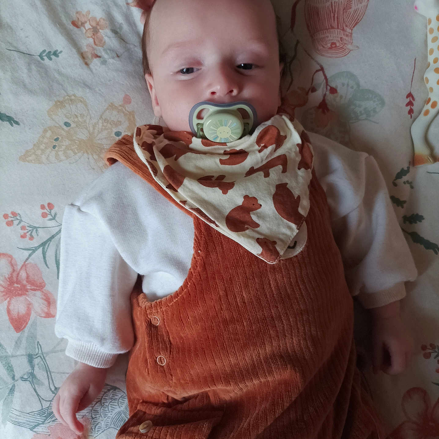 Alès Kylian participe au concours pour gagner de l'argent avec cette photo : baby, bib, blanket, child, clothing, cute, face, floral_pattern, giraffe_toy, hand, head, indoors, infant, lying_down, pacifier, peaceful, portrait, romper, sleepwear, soft_lighting