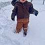 child, snow, winter, hat, jacket, gloves, boots, outdoor, cold, fence, backyard, curious, blue_eyes, clothing, person, snowy_ground, standing, nature, daylight, casual