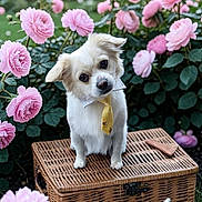 King Zero joined the competition — help win amazing prizes! dog, small_dog, tie, wicker_basket, pink_roses, flowers, garden, tea_set, teapot, teacup, outdoor, nature, pet, cute, floral, table, decor, portrait, animal, daylight