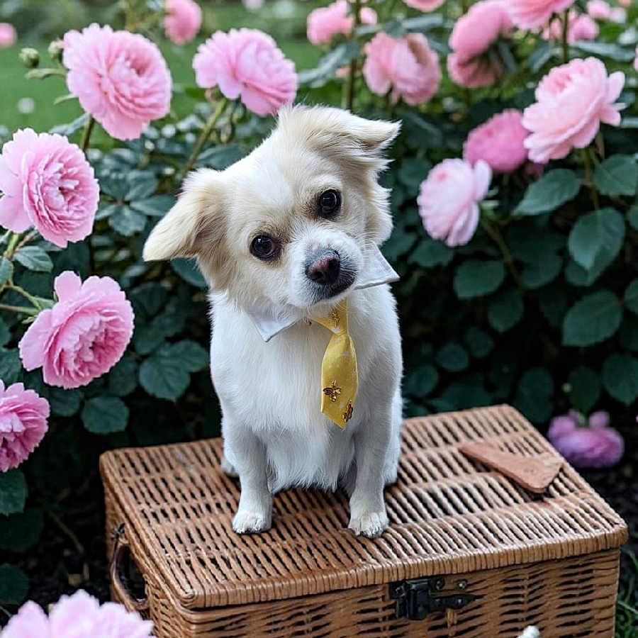King Zero joined the competition — help win amazing prizes! dog, small_dog, tie, wicker_basket, pink_roses, flowers, garden, tea_set, teapot, teacup, outdoor, nature, pet, cute, floral, table, decor, portrait, animal, daylight