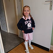 Annaëlle participe au concours pour gagner de l'argent avec cette photo : braids, child, clothing, confident, door, dress, floor, girl, hallway, home, indoor, person, portrait, pose, shoes, smile, socks, standing, sweatshirt, wallpaper