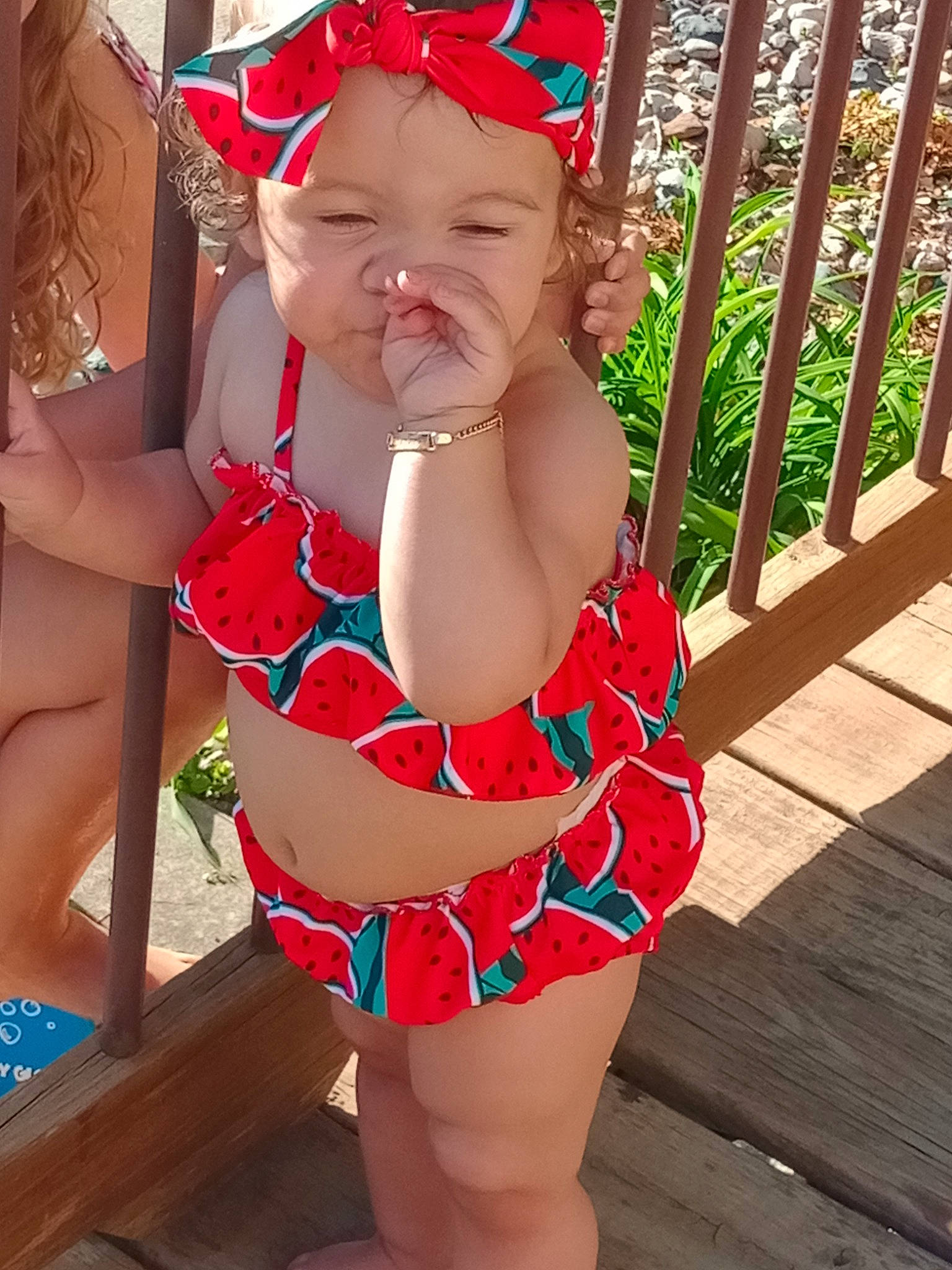 Novalynn joined the competition — help win amazing prizes! baby_toddler_clothing, beauty, cap, finger, fun, goggles, happy, hat, headwear, human_leg, one_piece_swimsuit, organ, pattern, person, pink, summer, sunglasses, swimwear, thigh, toddler