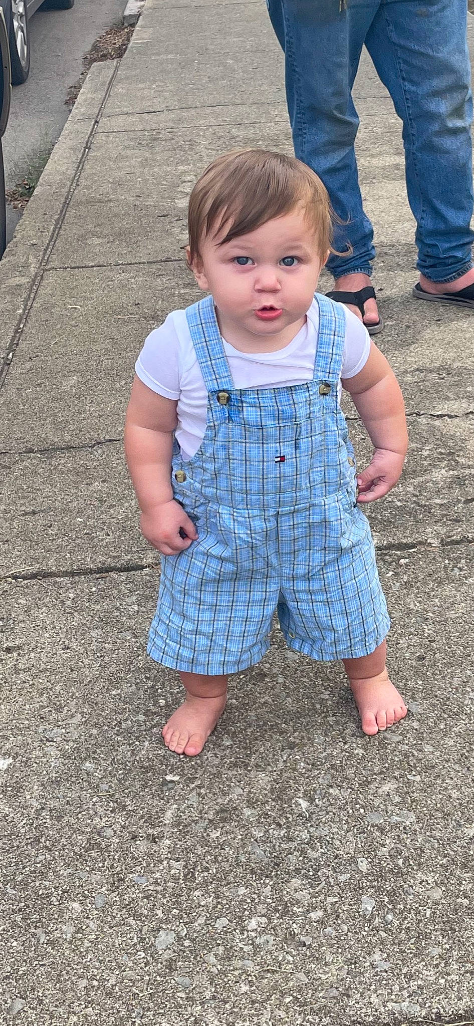 Lincoln joined the competition — help win amazing prizes! baby, baby_toddler_clothing, barefoot, denim, electric_blue, eye, foot, fun, gesture, grass, hairstyle, happy, head, human_leg, pattern, people_in_nature, person, public_space, skin, sleeve