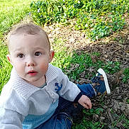 Hector participe au concours pour gagner de l'argent avec cette photo : child, toddler, baby, face, outdoor, grass, leaves, plants, shoe, sneaker, jeans, sweater, anchor_badge, eyes, expression, portrait, sitting, curious, daylight, nature