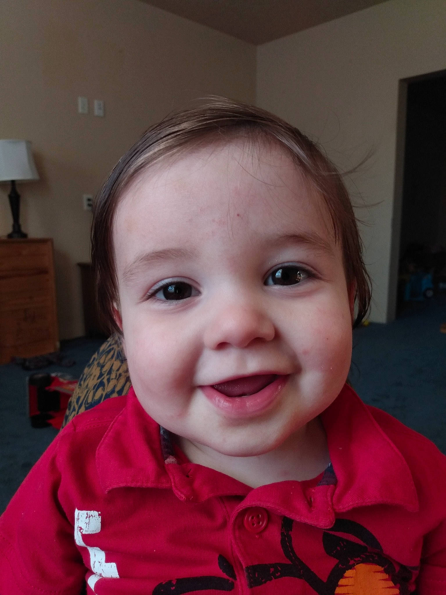 Zachary is registered to the contest to win money with this photo: baby_toddler_clothing, cheek, chin, ear, eye, eyebrow, eyelash, face, facial_expression, hair, head, jaw, joy, lip, mouth, neck, nose, person, skin, sleeve