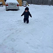 Julian joined the competition — help win amazing prizes! toddler, child, snow, winter, outdoor, jacket, mittens, car, shed, trees, snow_covered, cold, play, footprints, smiling, forest, daylight, snowfall, young_child, nature