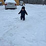 toddler, child, snow, winter, outdoor, jacket, mittens, car, shed, trees, snow_covered, cold, play, footprints, smiling, forest, daylight, snowfall, young_child, nature