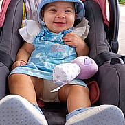 Blanca joined the competition — help win amazing prizes! baby, smiling, car_seat, plush_toy, blue_hat, dress, child, outdoor, footwear, happy, infant, person, seatbelt, cute, portrait, clothing, toy, sitting, daylight, accessory