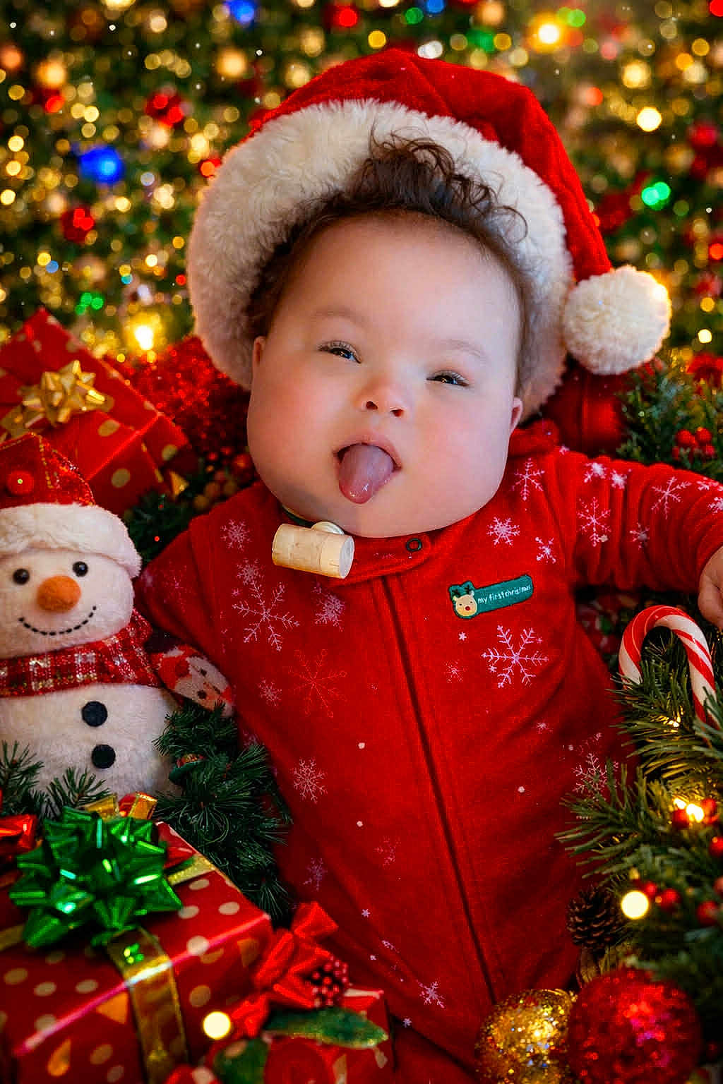R.j. is registered to the contest to win money with this photo: baby, infant, christmas, holiday, santa_hat, red_clothing, tongue_out, plush_snowman, christmas_lights, gift_boxes, festive, smiling, greenery, ornaments, pine_cones, cute, indoors, celebration, portrait, holiday_decor