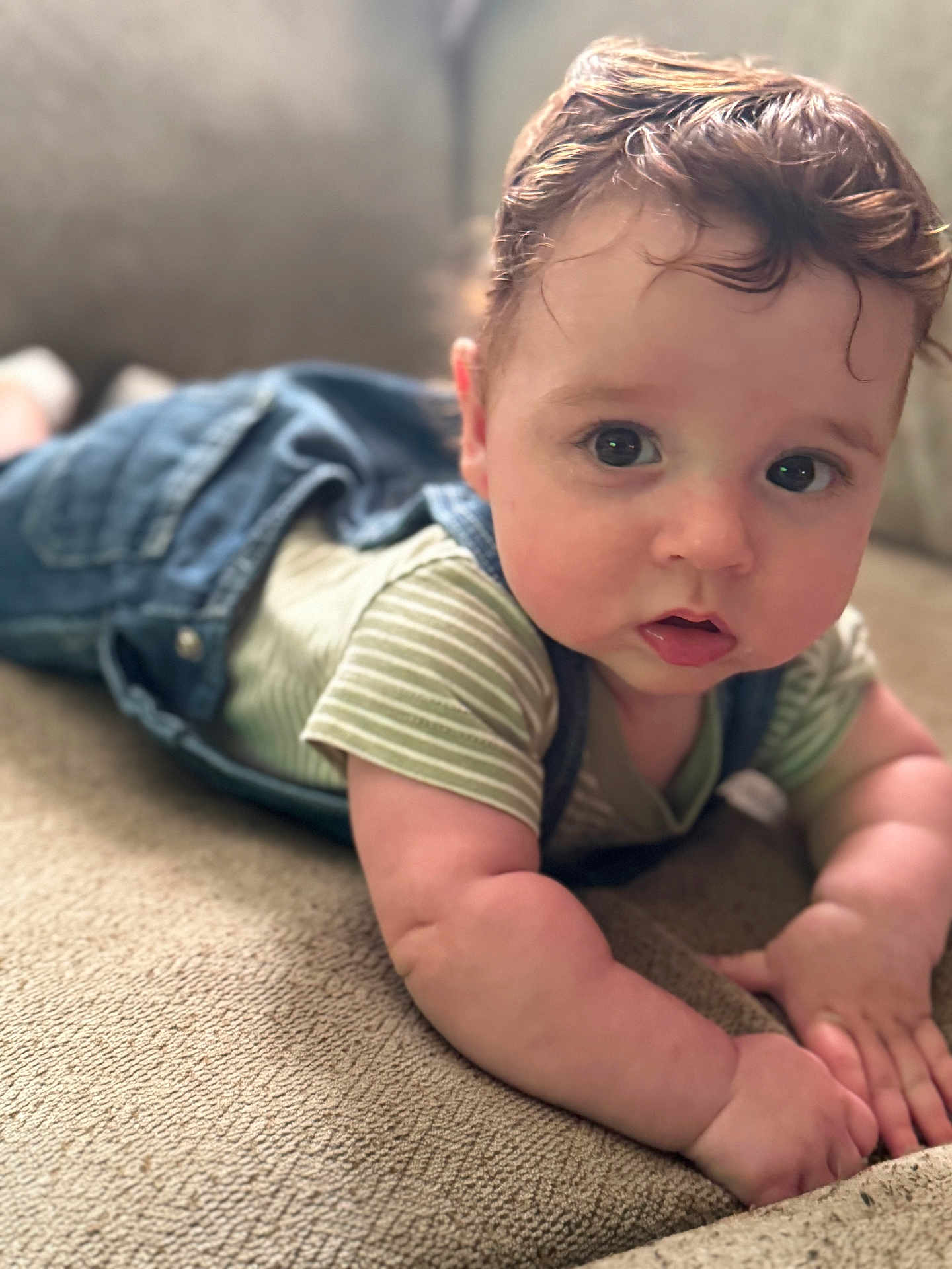 Revan joined the competition — help win amazing prizes! baby, child, face, eyes, skin, hair, denim, overalls, striped_shirt, couch, furniture, indoor, portrait, curious, chubby_cheeks, hands, laying_down, infant, cute, soft_light