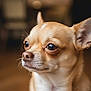 chihuahua, dog, pet, close_up, portrait, fur, whiskers, ears, brown_eyes, shallow_depth_of_field, indoor, domestic, cute, small_dog, muzzle, nose, expression, alert, soft_light, bokeh