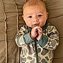 Luke joined the competition — help win amazing prizes! baby, infant, child, onesie, camo_pattern, clothing, hands, face, eyes, expression, blanket, brown, cozy, portrait, lying_down, cute, indoor, young, person, sleepwear