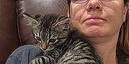 Scooter is registered to the contest to win money with this photo: animal, casual_clothing, cat, closeup, comfort, face, fur, furniture, glasses, home, indoor, kitten, leather_chair, person, pet, portrait, relaxed, shoulder, tabby, woman
