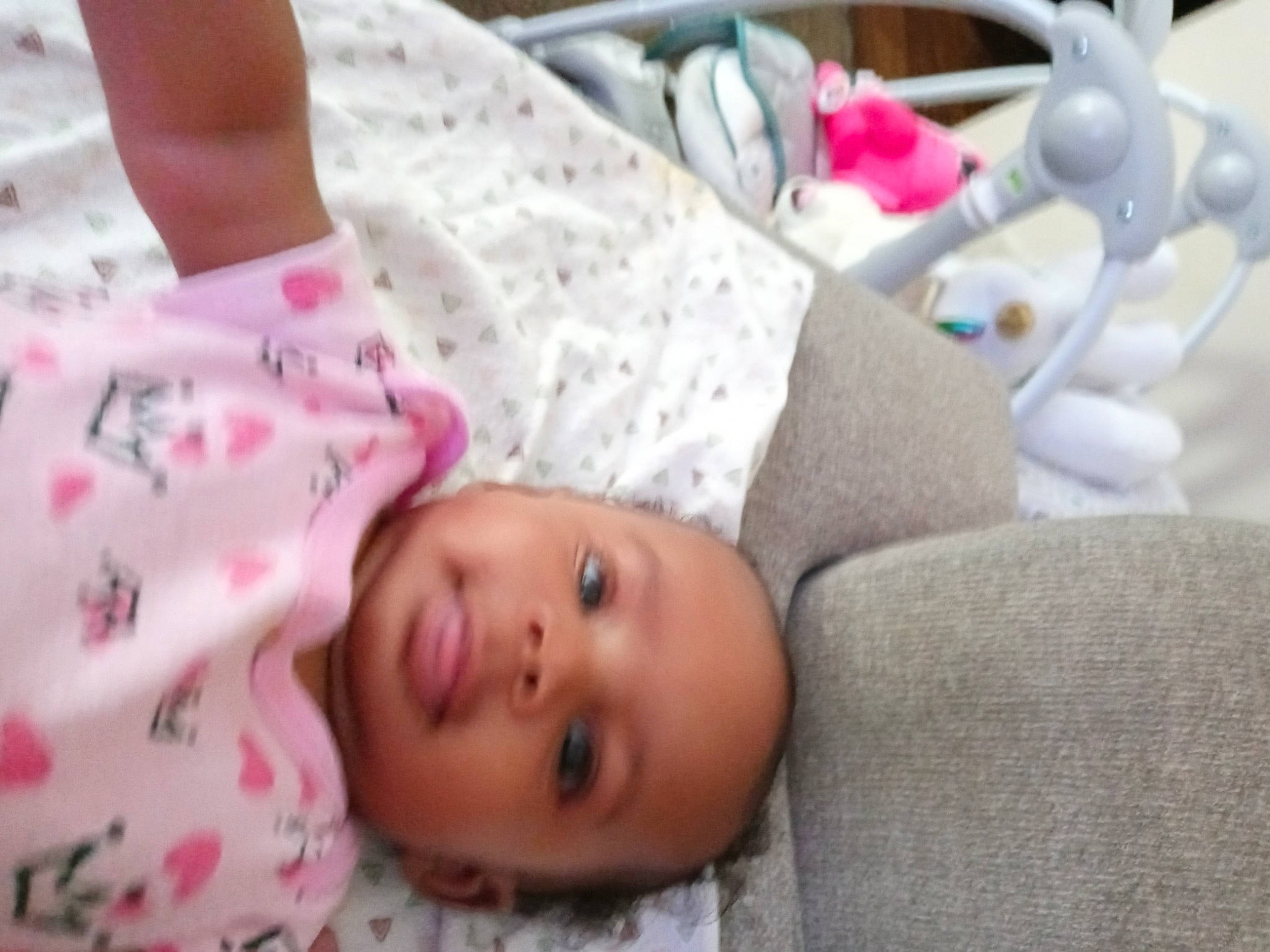 Kamiyah is registered to the contest to win money with this photo: baby, baby_products, baby_toddler_clothing, bedding, bedtime, cheek, child, comfort, happy, linens, nap, pattern, person, portrait_photography, room, skin, sleep, textile, toddler, wood