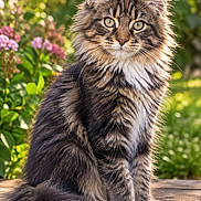 Bianca participe au concours pour gagner de l'argent avec cette photo : cat, maine_coon, long_hair, fluffy, brown_tabby, white_paws, green_eyes, whiskers, portrait, sitting, outdoor, garden, flowers, foliage, wooden_deck, sunlight, bokeh, pet, animal, close_up