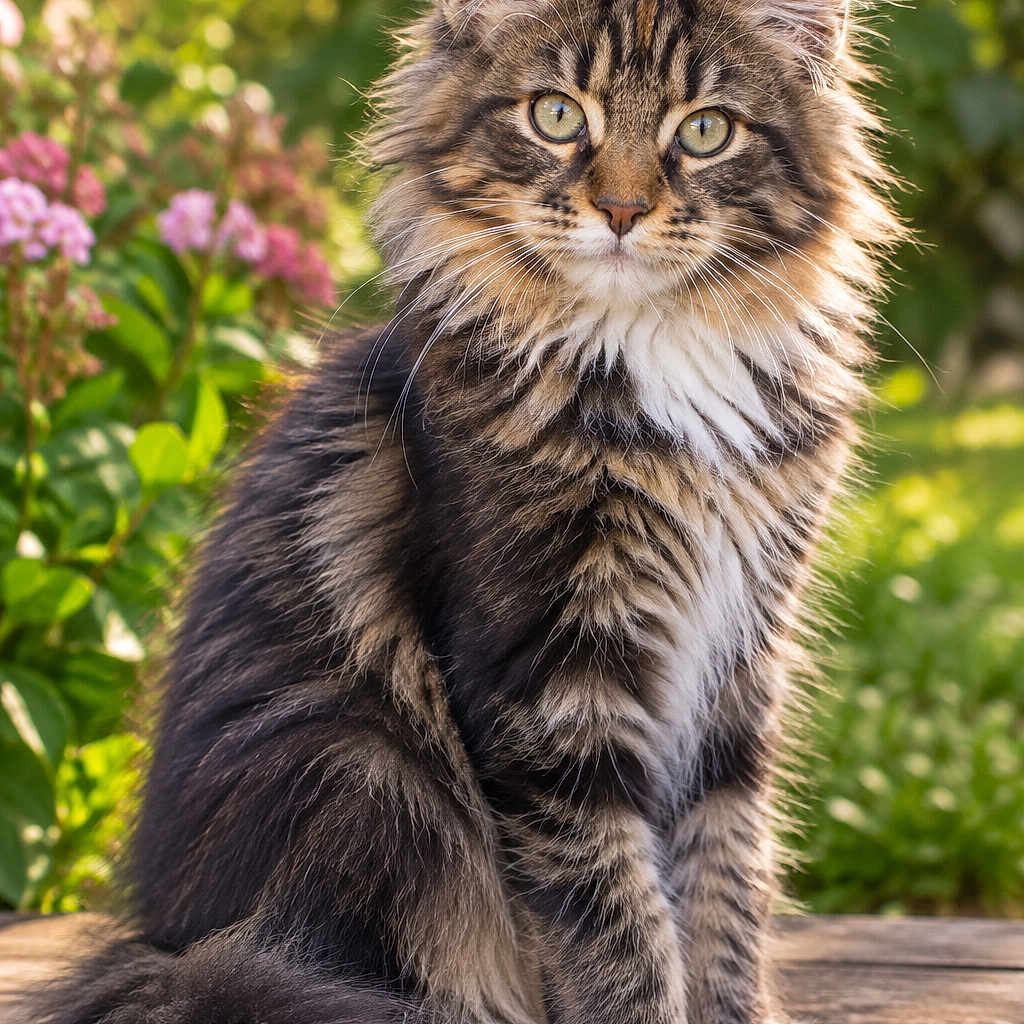 Bianca participe au concours pour gagner de l'argent avec cette photo : cat, maine_coon, long_hair, fluffy, brown_tabby, white_paws, green_eyes, whiskers, portrait, sitting, outdoor, garden, flowers, foliage, wooden_deck, sunlight, bokeh, pet, animal, close_up