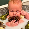 Charlie joined the competition — help win amazing prizes! baby, infant, child, portrait, face, hands, eyes, curious, bathtub, milk_bath, pine_cone, nature, ornaments, gold_decorations, gourds, still_life, indoor, close_up, skin, photography