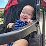 Gunner joined the competition — help win amazing prizes! baby, child, smiling, stroller, outdoor, blue_sky, clouds, happy, infant, onesie, seatbelt, sunlight, cute, cheeks, person, summer, nature, transport, baby_clothing, baby_stroller