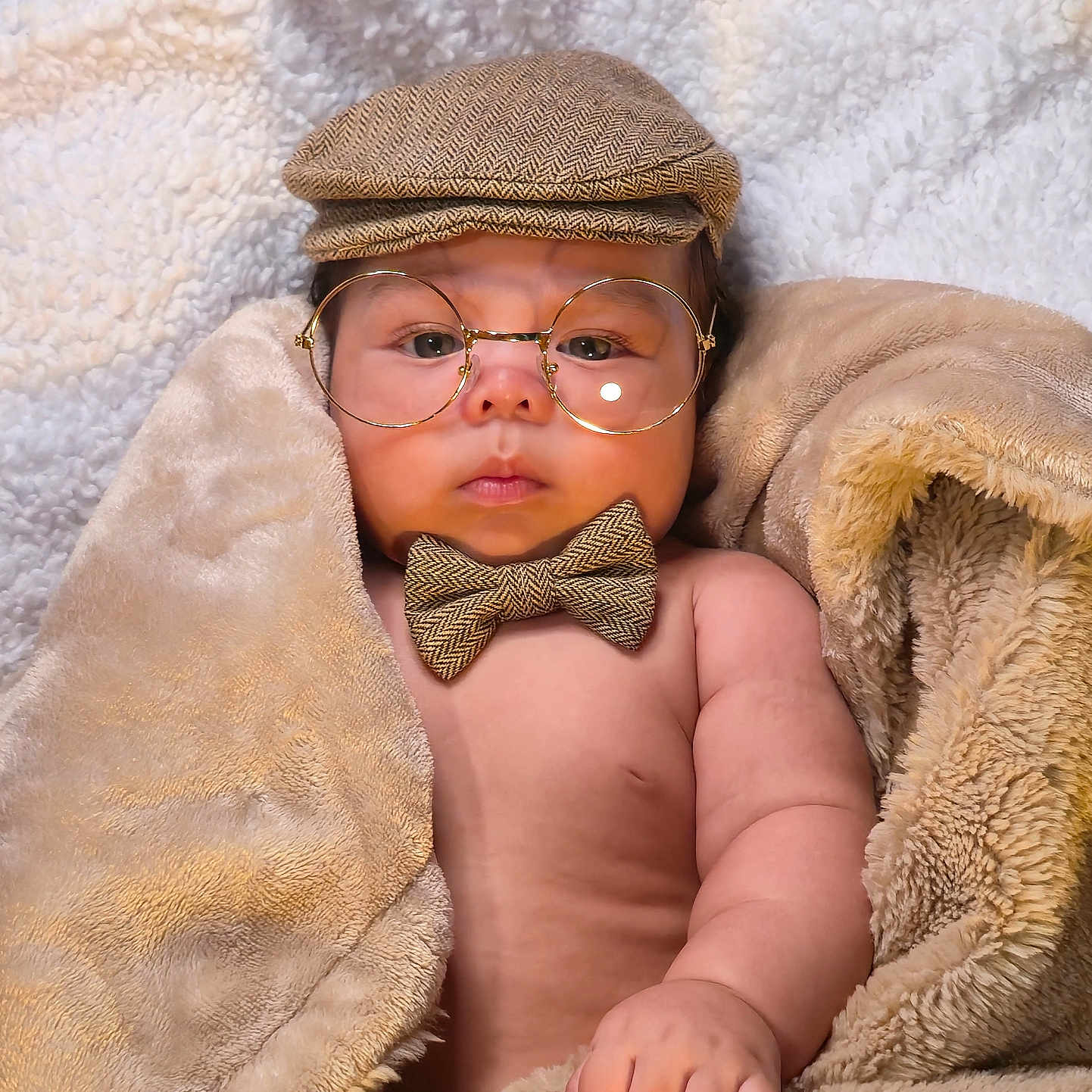 Bjorn Pineda is registered to the contest to win money with this photo: baby, glasses, hat, bow_tie, blanket, soft_texture, indoor, portrait, child, cute, expression, hand, face, clothing, warm, infant, cozy, skin, fashion, accessory