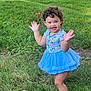 toddler, child, curly_hair, blue_dress, tutu, grass, outdoor, smiling, happy, barefoot, toy, playful, nature, young_child, person, greenery, summer, cute, dancing, park