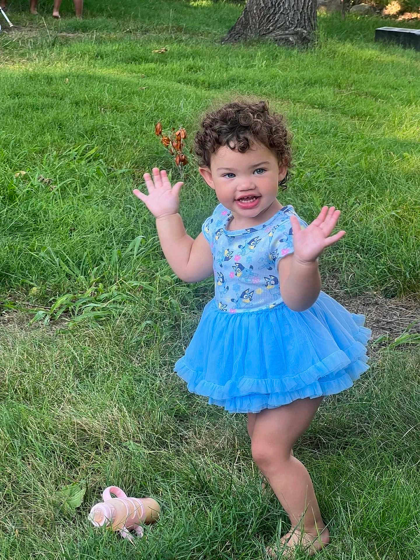 Ailana joined the competition — help win amazing prizes! toddler, child, curly_hair, blue_dress, tutu, grass, outdoor, smiling, happy, barefoot, toy, playful, nature, young_child, person, greenery, summer, cute, dancing, park