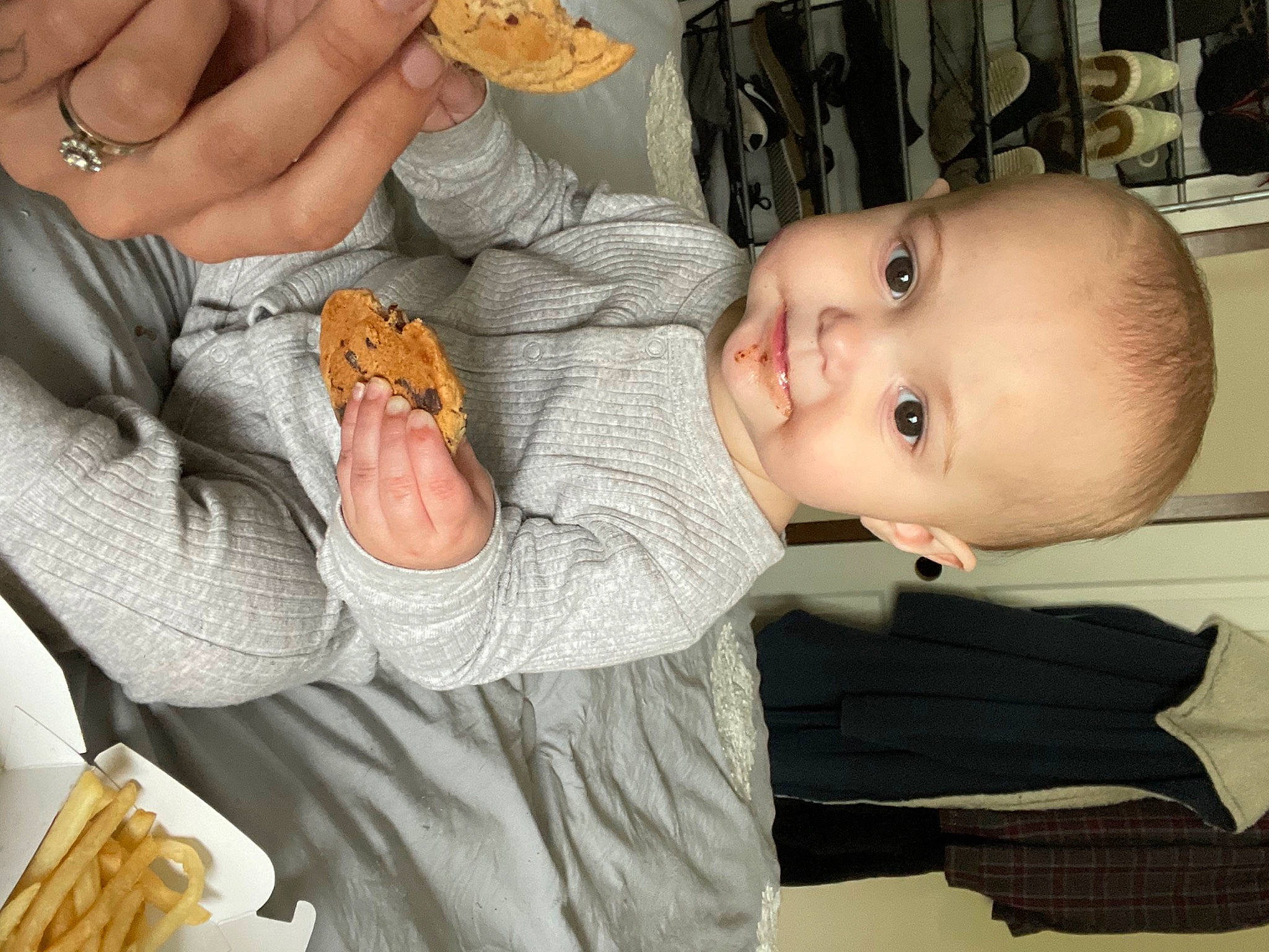 Ivey joined the competition — help win amazing prizes! arm, baby, child, cuisine, fast_food, finger, food, gesture, hand, joint, mouth, nail, nose, organ, person, skin, smile, tableware, thumb, toddler