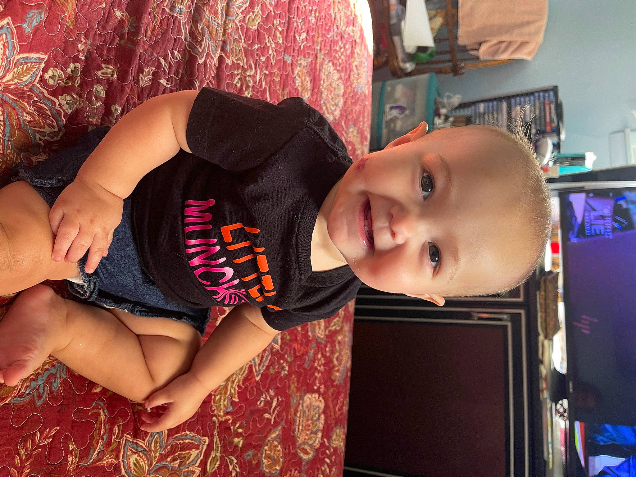 Ivey joined the competition — help win amazing prizes! baby, baby_toddler_clothing, child, fun, hairstyle, happy, hat, human_leg, joy, mouth, person, pink, play, shelf, shoulder, sitting, skin, smile, t_shirt, thigh