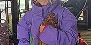 Allison joined the competition — help win amazing prizes! animal, basket, bird, blonde_hair, chicken, child, clothing, curly_hair, heart_pattern, hood, muddy, nature, outdoor, person, porch, purple_raincoat, smile, stroller, window, wooden_floor