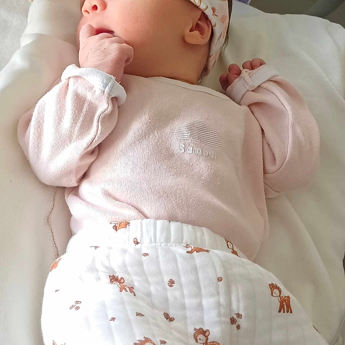 Maïla participe au concours pour gagner de l'argent avec cette photo : baby, blanket, child, crib, cute, deer_pattern, floral_headband, hand_in_mouth, headband, hospital_bed, infant, lying_down, newborn, pacifier, pink_clothing, portrait, skin, sleepy, soft_light, swaddle