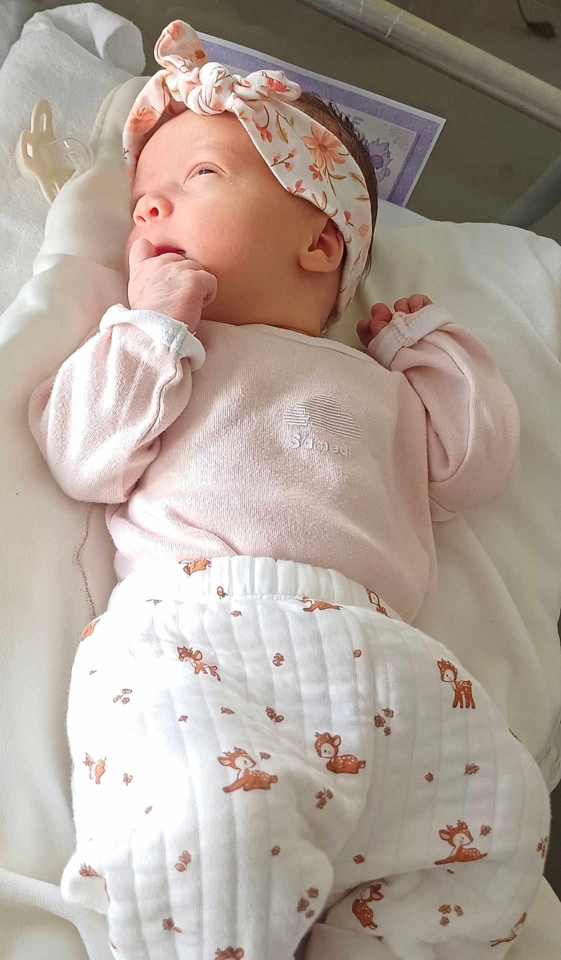 Maïla participe au concours pour gagner de l'argent avec cette photo : baby, blanket, child, crib, cute, deer_pattern, floral_headband, hand_in_mouth, headband, hospital_bed, infant, lying_down, newborn, pacifier, pink_clothing, portrait, skin, sleepy, soft_light, swaddle