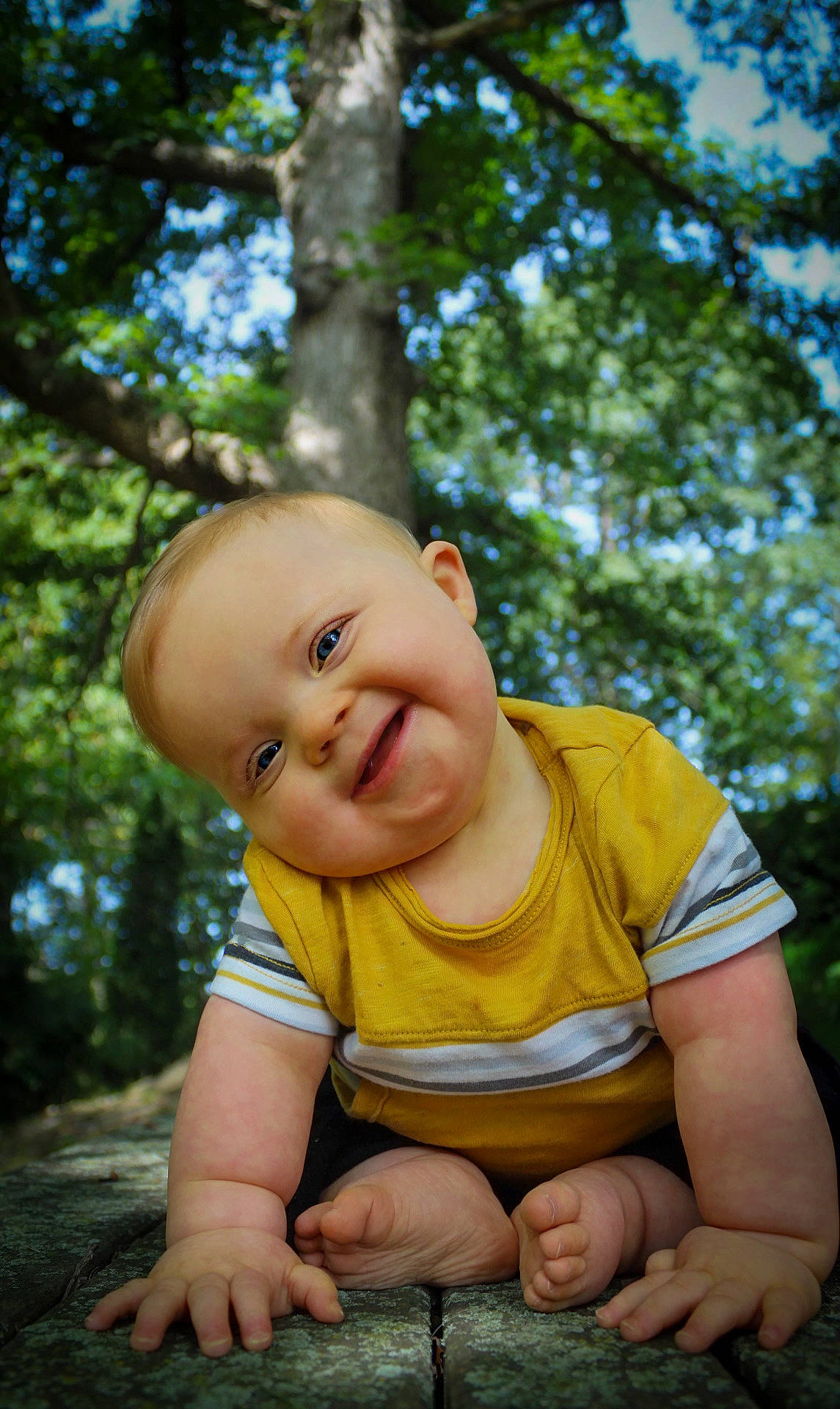 Emerson is registered to the contest to win money with this photo: baby, cheek, child, facial_expression, fun, grass, happy, joy, people_in_nature, person, photography, plant, portrait_photography, sitting, skin, smile, toddler, tree, yellow