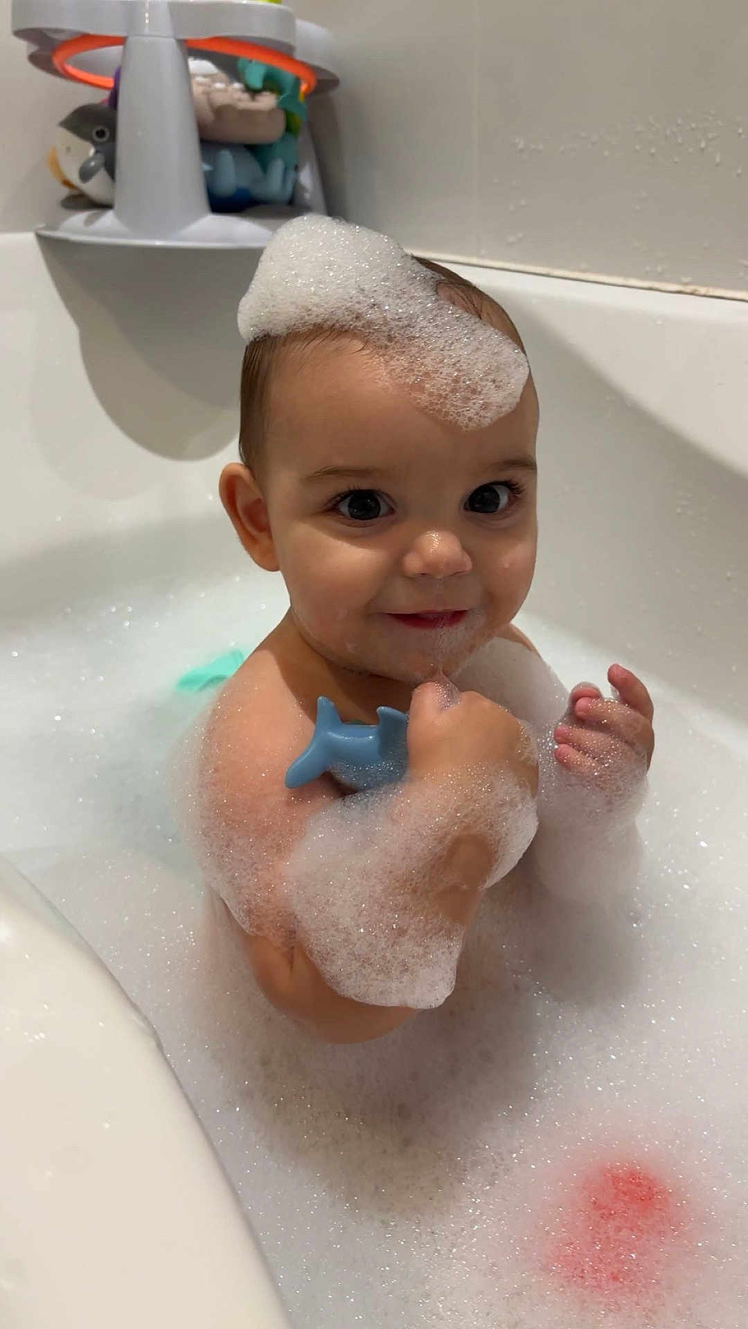 Léo participe au concours pour gagner de l'argent avec cette photo : baby, bath, bubbles, foam, toy, shark_toy, water, skin, face, child, cute, playful, indoor, smile, tub, bathroom, wet, head, arm, hand