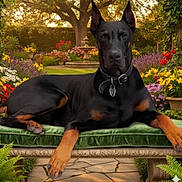 Jack participe au concours pour gagner de l'argent avec cette photo : doberman, dog, pet, animal, bench, cushion, garden, flowers, greenery, outdoor, nature, sunlight, relaxing, canine, portrait, summer, peaceful, colorful, leisure, park