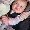Addilynn joined the competition — help win amazing prizes! baby, infant, car_seat, blanket, smile, child, seat_belt, clothing, indoor, cute, head, face, person, safety, comfort, young, expression, soft_texture, warm, rest