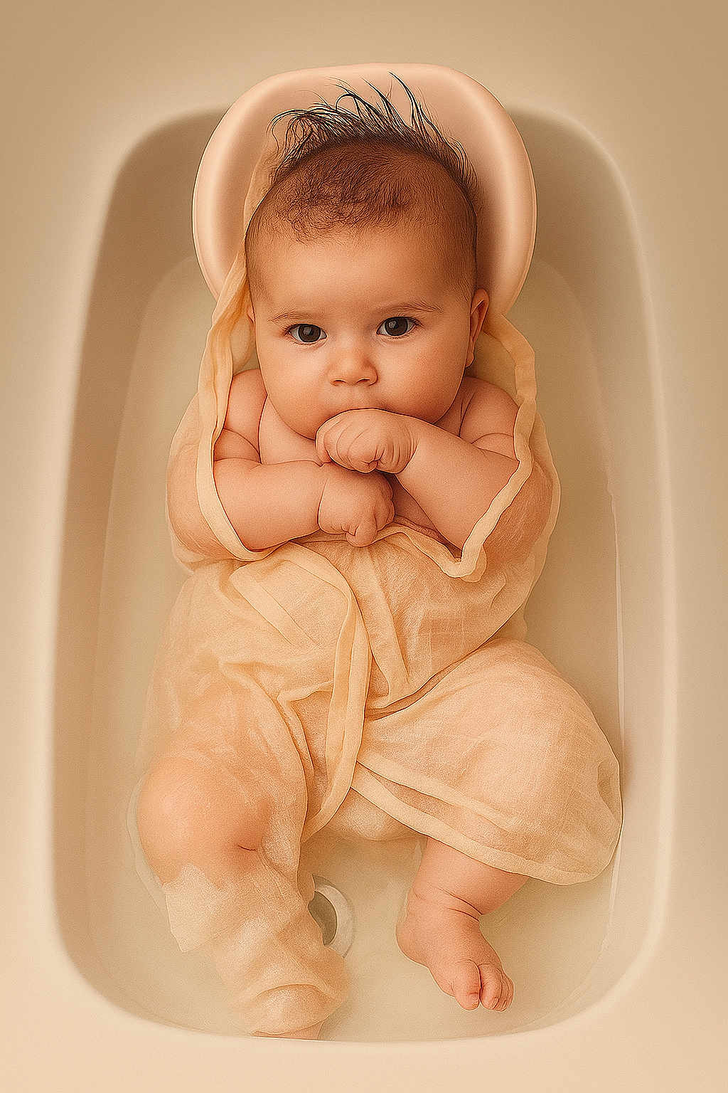 Valentina participe au concours pour gagner de l'argent avec cette photo : baby, bathtub, child, cute, face, fingers, floating_cloth, foot, hands, head, infant, looking_up, naked, one_person, portrait, skin, sitting, small, soft_cloth, water