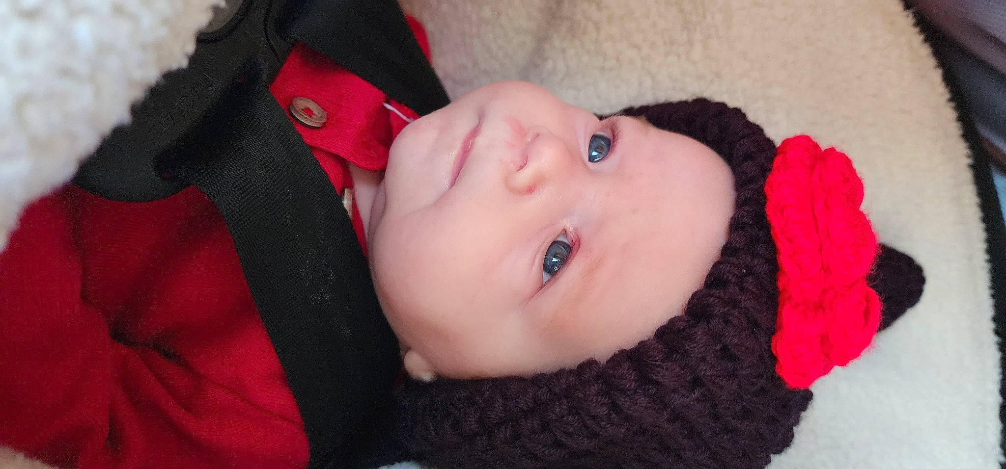 Baileigh joined the competition — help win amazing prizes! baby, baby_toddler_clothing, beanie, carmine, cheek, child, eyebrow, eyelash, fashion_accessory, headgear, headwear, knit_cap, lip, magenta, nose, outerwear, person, pink, skin, sleeve