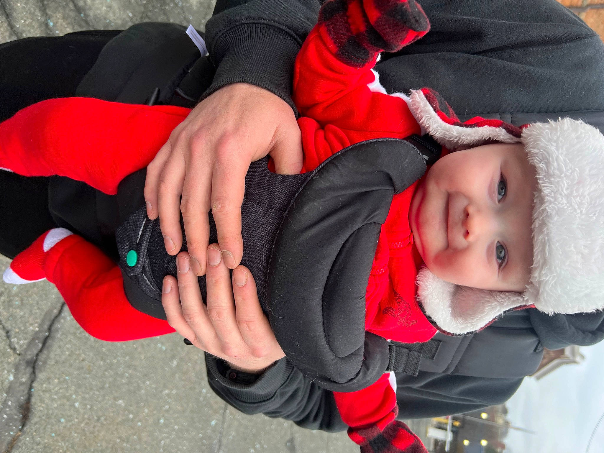 Colson joined the competition — help win amazing prizes! baby, baby_products, baby_toddler_clothing, child, comfort, finger, fun, gesture, happy, headwear, outerwear, person, recreation, red, sitting, sleeve, snow, thumb, toddler, tree