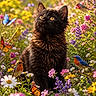 animal, birds, black_cat, butterflies, colorful, cute, flowers, fluffy, greenery, kitten, meadow, nature, outdoor, peaceful, serene, spring, sunlight, vibrant, wildflowers, yellow_eyes