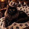 animal, black_cat, blanket, cat, cozy, feline, fur, furniture, golden_eyes, home_interior, indoor, leather_chair, long_fur, paw_prints, pet, portrait, relaxed, resting, vintage_style, warm_lighting