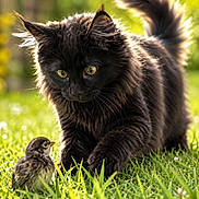 Athos a rejoint le concours — aidez-le/la à gagner de superbes lots ! animal, bird, black_cat, cat, chick, closeup, curious, fluffy, grass, greenery, kitten, nature, outdoor, pets, playful, small_bird, spring, sunlight, wildlife, young
