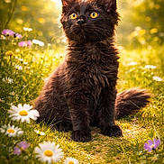 Athos participe au concours pour gagner de l'argent avec cette photo : black_cat, kitten, wildflowers, meadow, nature, sunlight, grass, flowers, outdoor, animal, pet, cute, feline, young_cat, bright_eyes, sitting, fluffy, summer, greenery, adorable