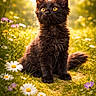 black_cat, kitten, wildflowers, meadow, nature, sunlight, grass, flowers, outdoor, animal, pet, cute, feline, young_cat, bright_eyes, sitting, fluffy, summer, greenery, adorable