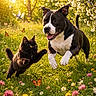 animal, black_and_white_dog, black_cat, butterfly, cat, dog, flower, friendship, grass, happy, jumping, meadow, nature, outdoor, playful, running, spring, sunlight, tree, wildflowers