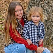 Dutton is registered to the contest to win money with this photo: child, toddler, girl, outdoor, tree, autumn, leaves, nature, portrait, smile, casual_clothing, plaid_shirt, jeans, long_hair, blond_hair, blue_eyes, kneeling, sibling, family, young