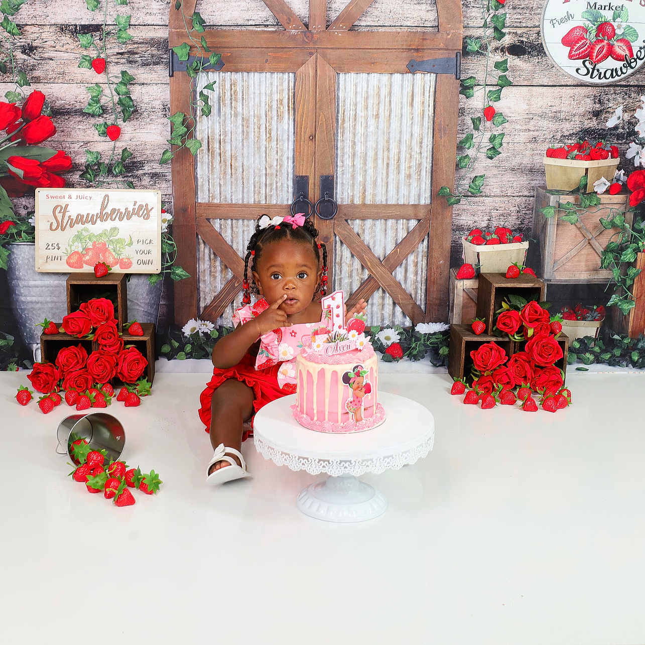 Averiana is registered to the contest to win money with this photo: birthday, birthday_cake, cake_stand, celebration, child, cute, decorative, festive, flower_decor, girl, indoors, party, pink_cake, portrait, red_outfit, red_roses, strawberries, toddler, white_floor, wooden_door