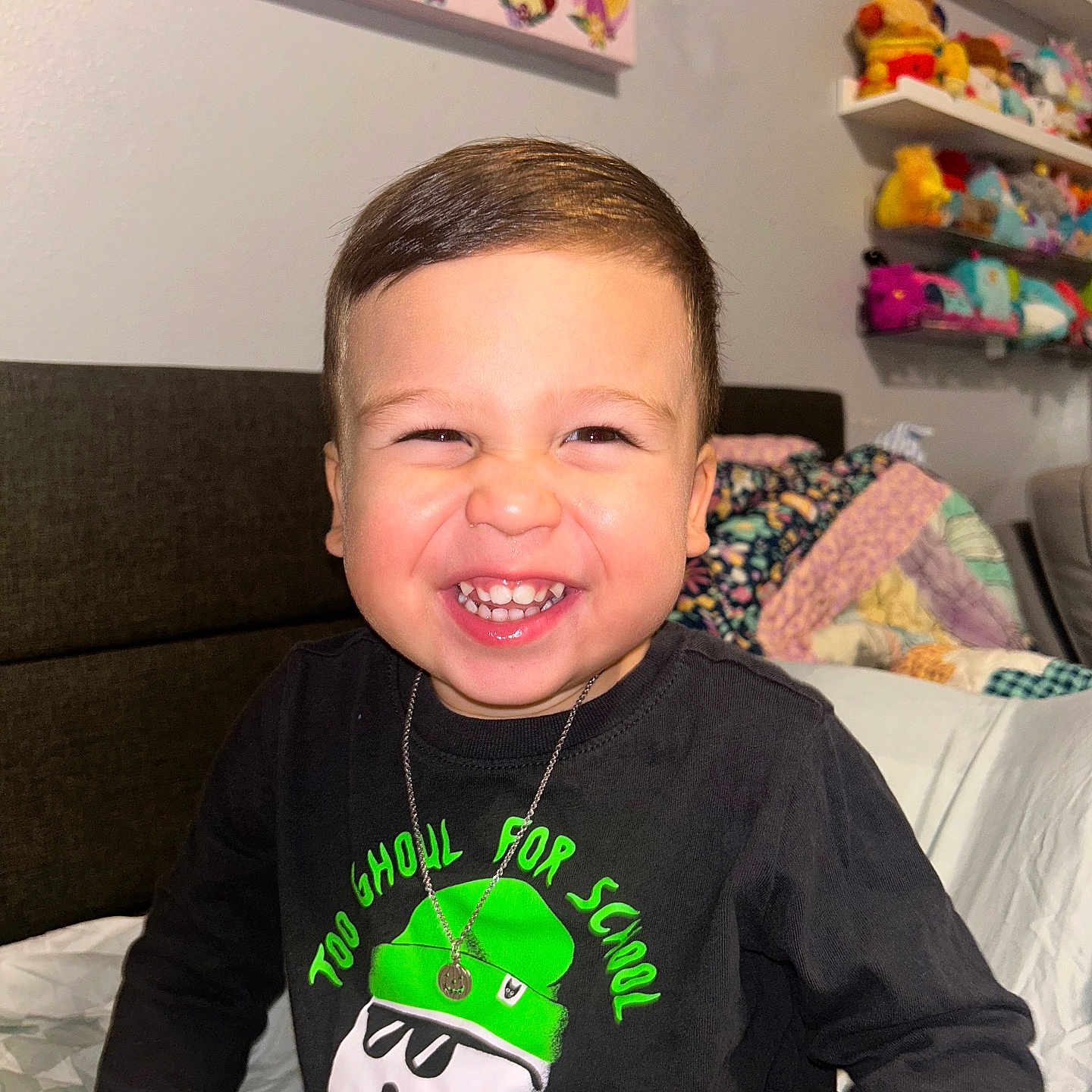 Gabriel joined the competition — help win amazing prizes! accessories, bodypart, boy, child, clothing, couch, face, furniture, happy, head, indoors, jewelry, male, mouth, necklace, person, photography, portrait, t_shirt, teeth